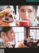 A woman sitting at a table with a plate of food and a cup of coffee.