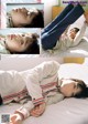 A collage of photos of a young boy laying on a bed.