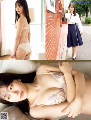 A woman in a white shirt and blue skirt posing on a couch.